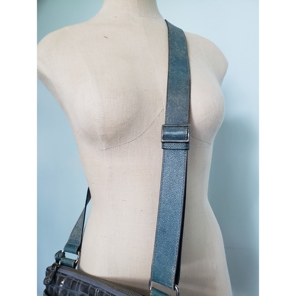 Brighton Leather Purse Crossbody Blue Patent Embossed Crocodile Bag Charm Tassel - Picture 5 of 13